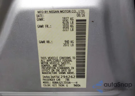 2016 Nissan Altima 2.5 S z USA, uszkodzony, nr VIN 1N4AL3AP7GC294262
